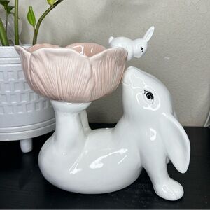 NEW 9" Ceramic Spring Bunny with Pink Flower Bowl